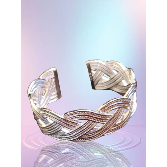 925 Silvery-Plated Copper Geometric Weave Cuff Bracelet Braided - Picture 1 of 8